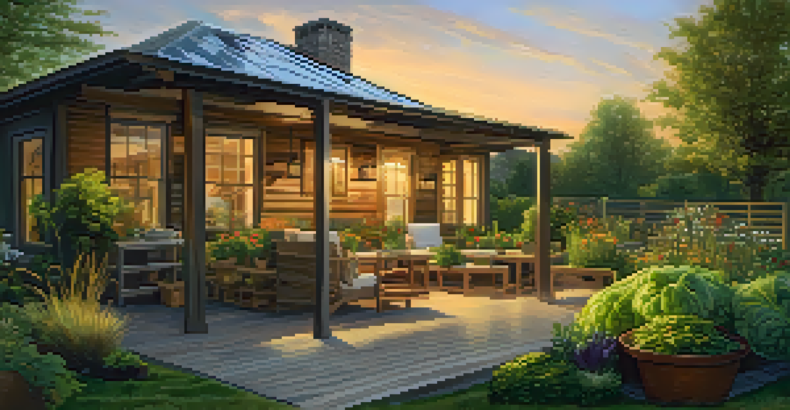 An outdoor patio with reclaimed wood furniture, surrounded by a vegetable garden and bathed in the warm glow of the setting sun.