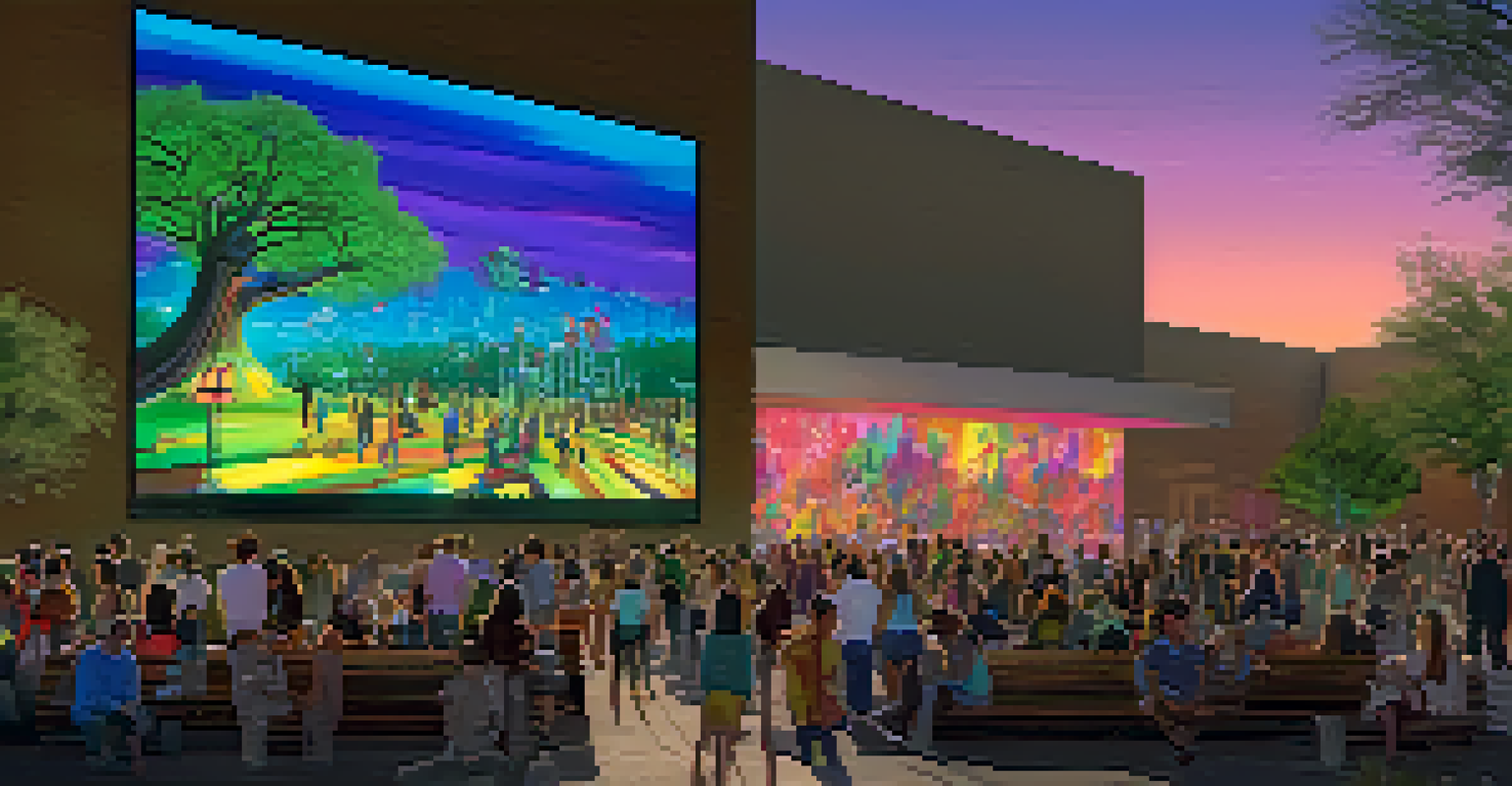 A public space in Scottsdale with a large digital projection on a building, showing animated art while people enjoy the experience.