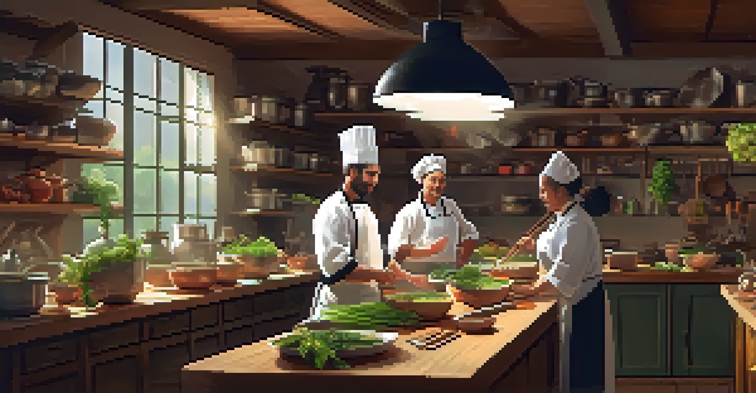 A cooking workshop with a chef demonstrating techniques to an audience, surrounded by fresh ingredients and a cozy atmosphere.
