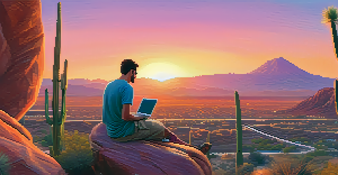 A person working on a laptop at sunrise with Camelback Mountain in the background, surrounded by desert plants.
