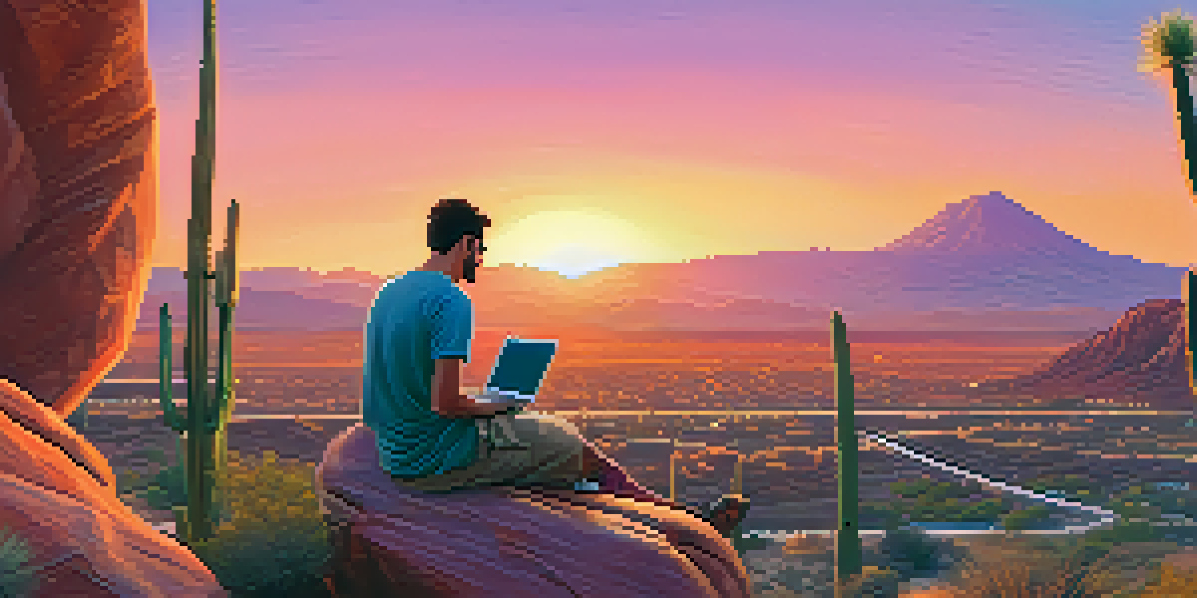 A person working on a laptop at sunrise with Camelback Mountain in the background, surrounded by desert plants.