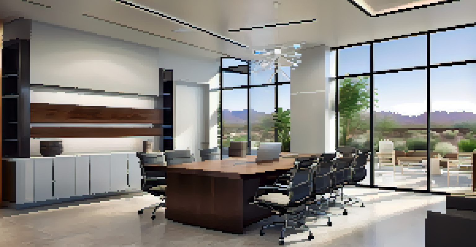 Interior of a modern real estate office in Scottsdale, with an agent discussing options with clients.