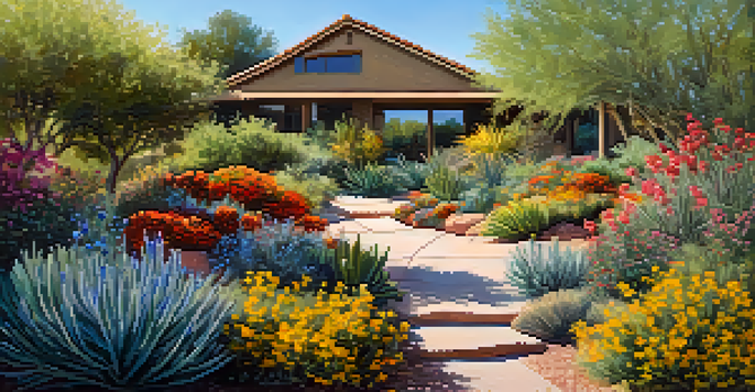 A colorful garden in Scottsdale filled with native shrubs and butterflies, under a blue sky.