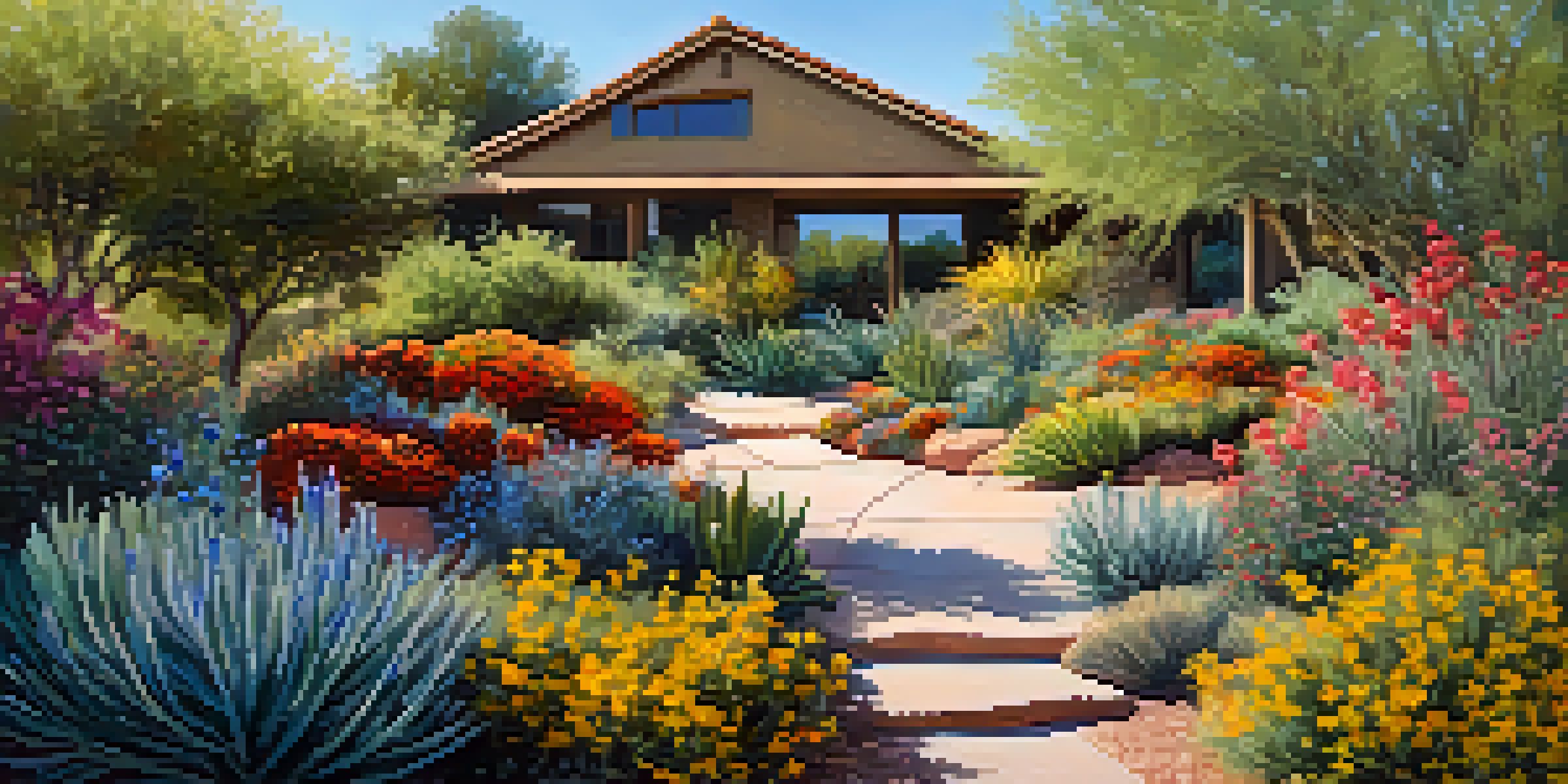 A colorful garden in Scottsdale filled with native shrubs and butterflies, under a blue sky.