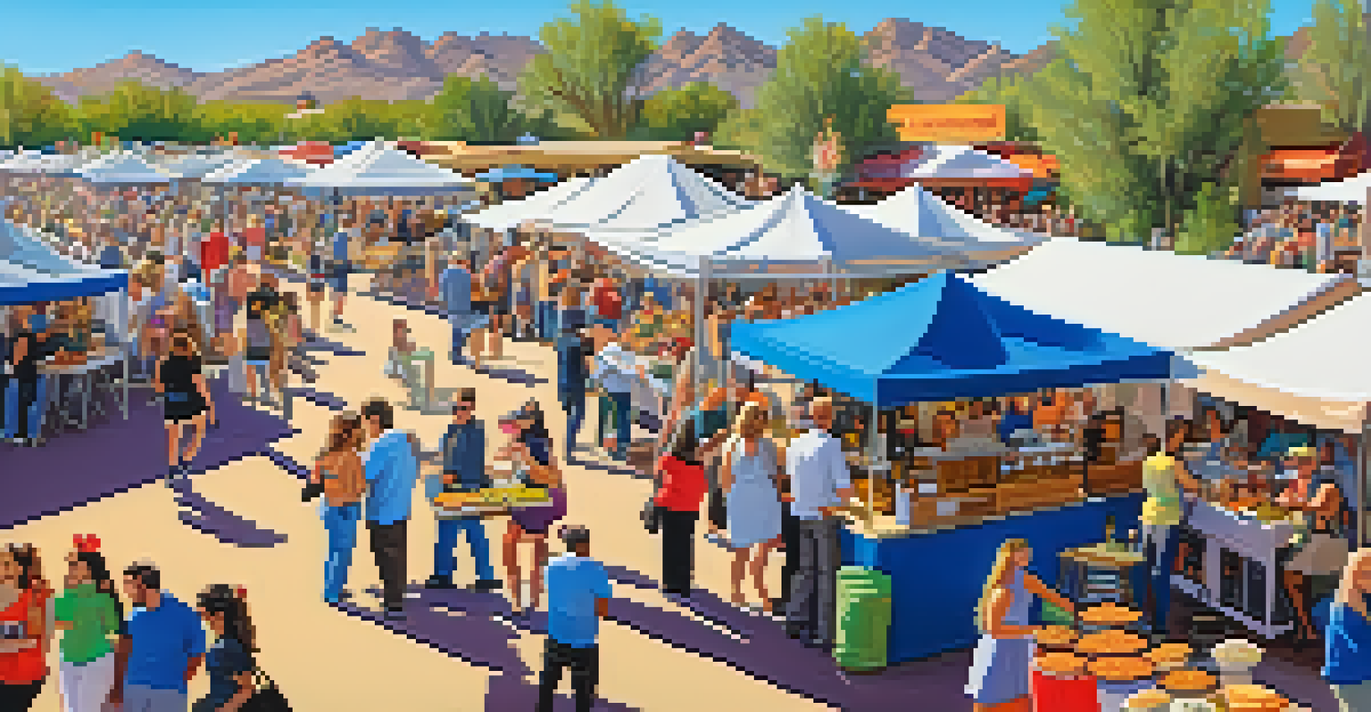 A vibrant culinary festival with food vendors and attendees enjoying various dishes while live music plays in Scottsdale.