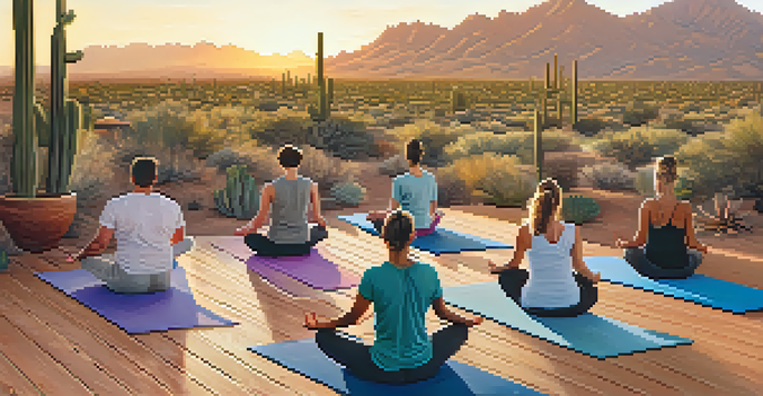 A group of people practicing yoga outdoors at sunrise with mountains in the background.