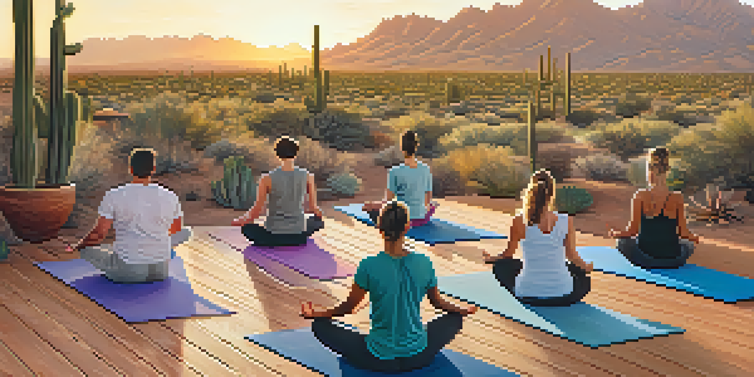 A group of people practicing yoga outdoors at sunrise with mountains in the background.