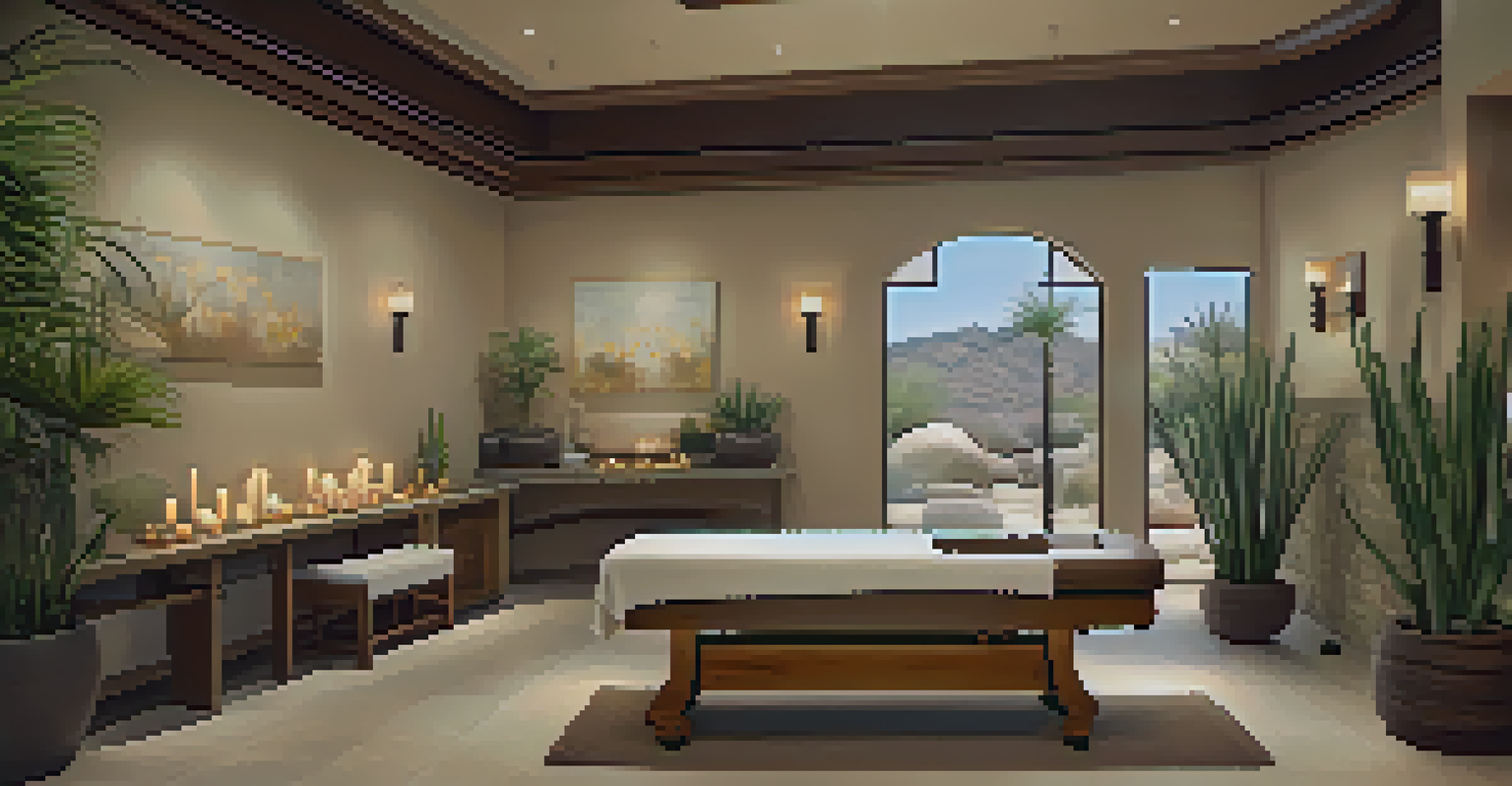 An elegant spa treatment room with soft lighting, massage table, and desert plants, designed for relaxation.