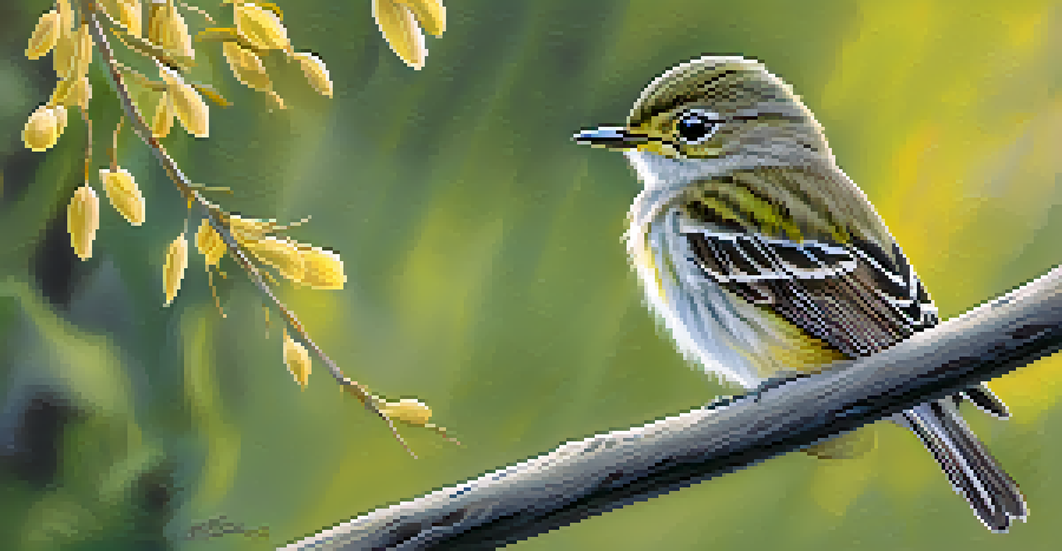 A southwestern willow flycatcher perched on a branch in a lush riparian habitat with flowing water in the background.