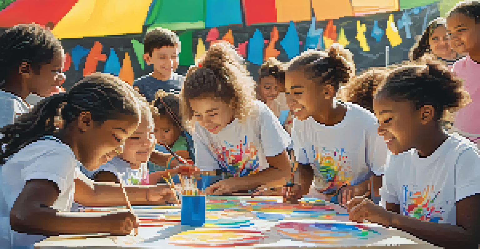 Children painting on canvases at a community event, surrounded by cheerful volunteers and colorful decorations.
