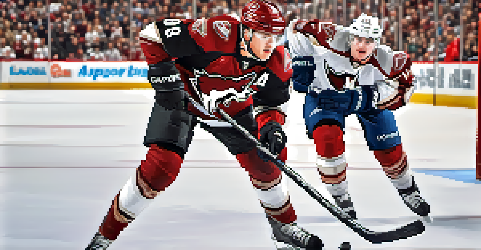 A focused portrait of Arizona Coyotes player Clayton Keller in action during a game, with a blurred crowd in the background.