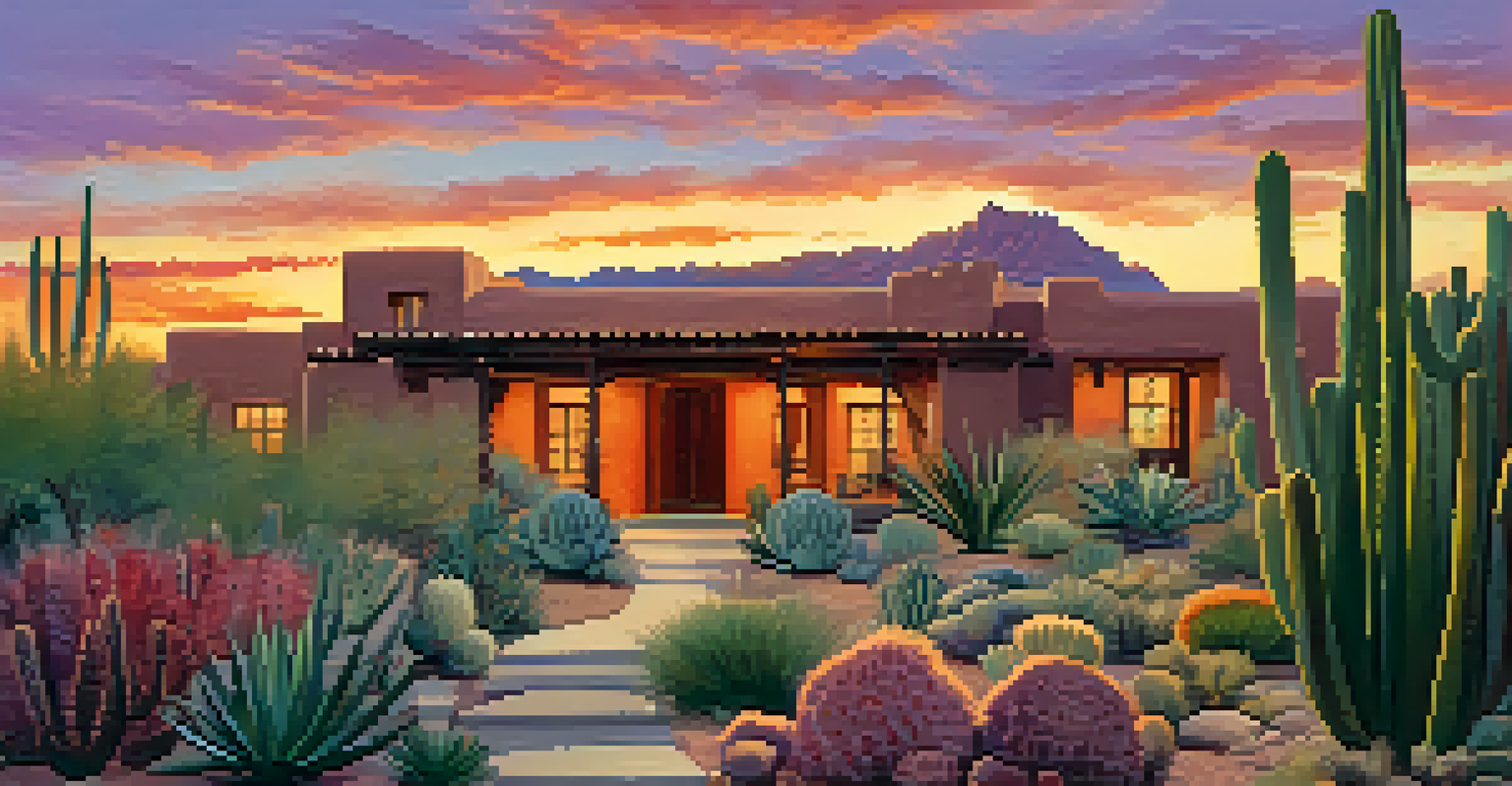 A picturesque sunset over adobe-style buildings in Scottsdale, with a desert garden in the foreground.