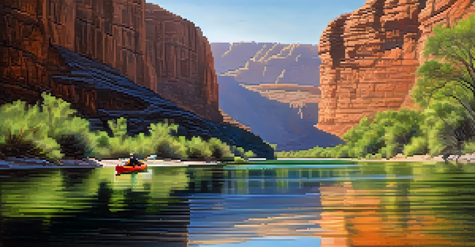 A kayaker paddling on the Salt River with canyon walls and greenery in the background, under a bright blue sky.