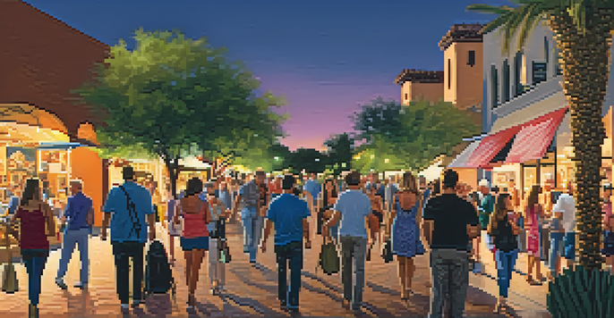 A lively street scene during the Scottsdale Art Walk, with people admiring art and engaging in conversation in a warm, inviting atmosphere.