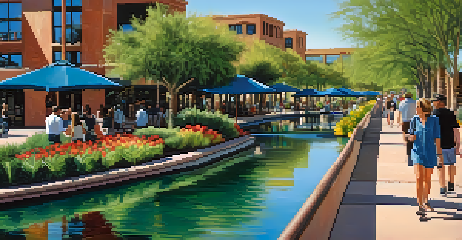 A picturesque scene of Scottsdale Waterfront with lush greenery, the Arizona Canal, and people enjoying leisurely activities.