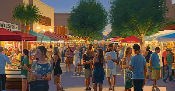 A lively street scene during Scottsdale's Art Walk, with people exploring galleries and enjoying local food in a warm evening light.