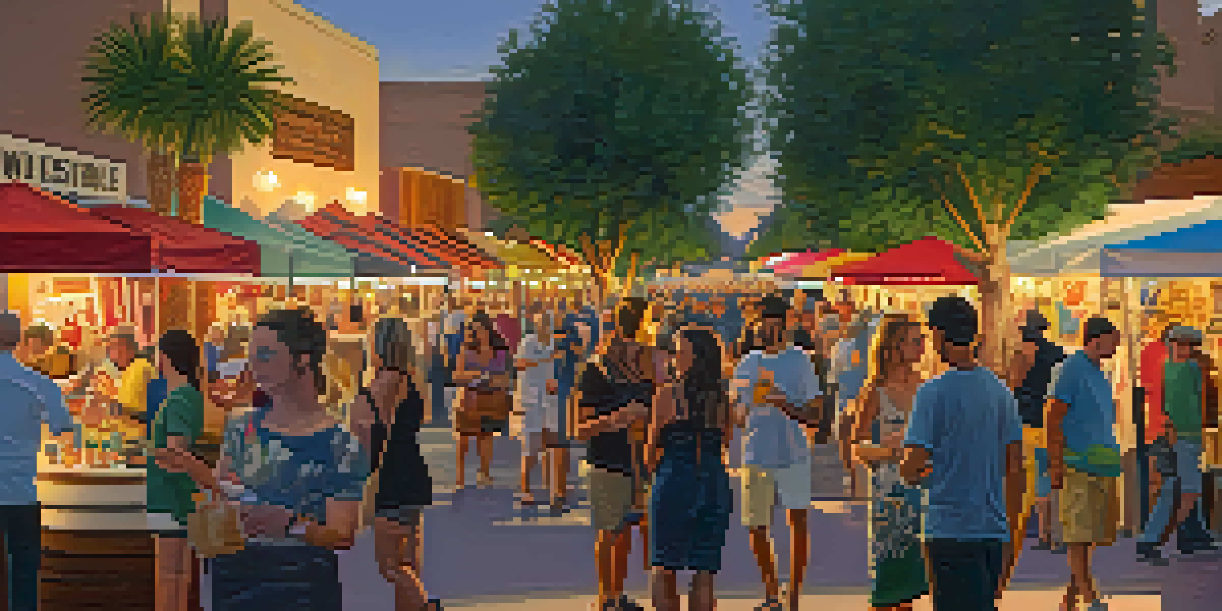 A lively street scene during Scottsdale's Art Walk, with people exploring galleries and enjoying local food in a warm evening light.