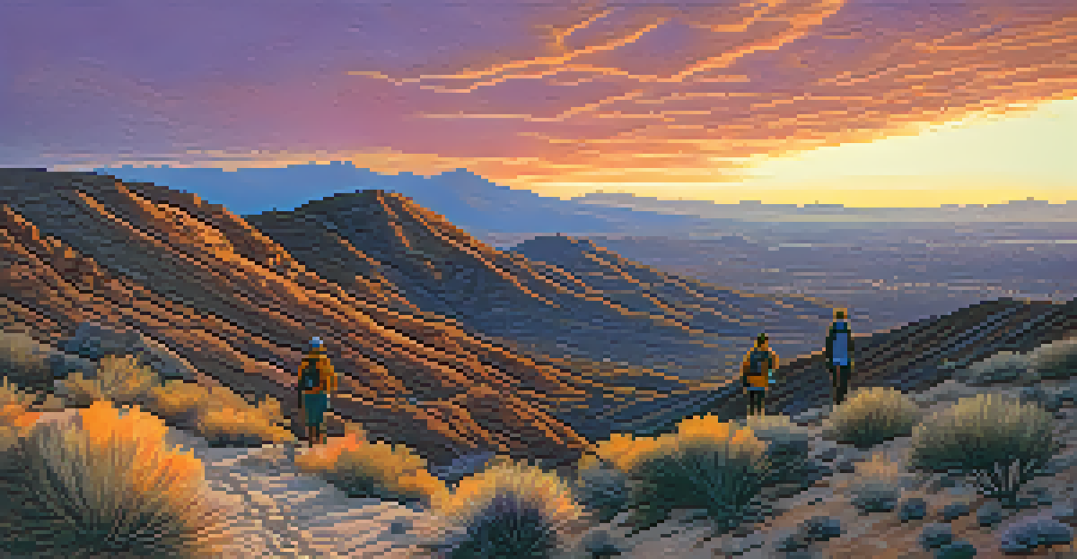 A stunning sunset view from a hiking trail, with hikers silhouetted against a colorful sky over the desert landscape.