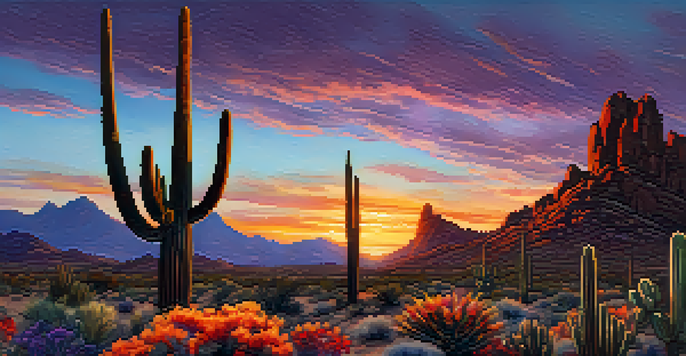 A scenic sunset view of Pinnacle Peak Park with colorful sky and desert flora.