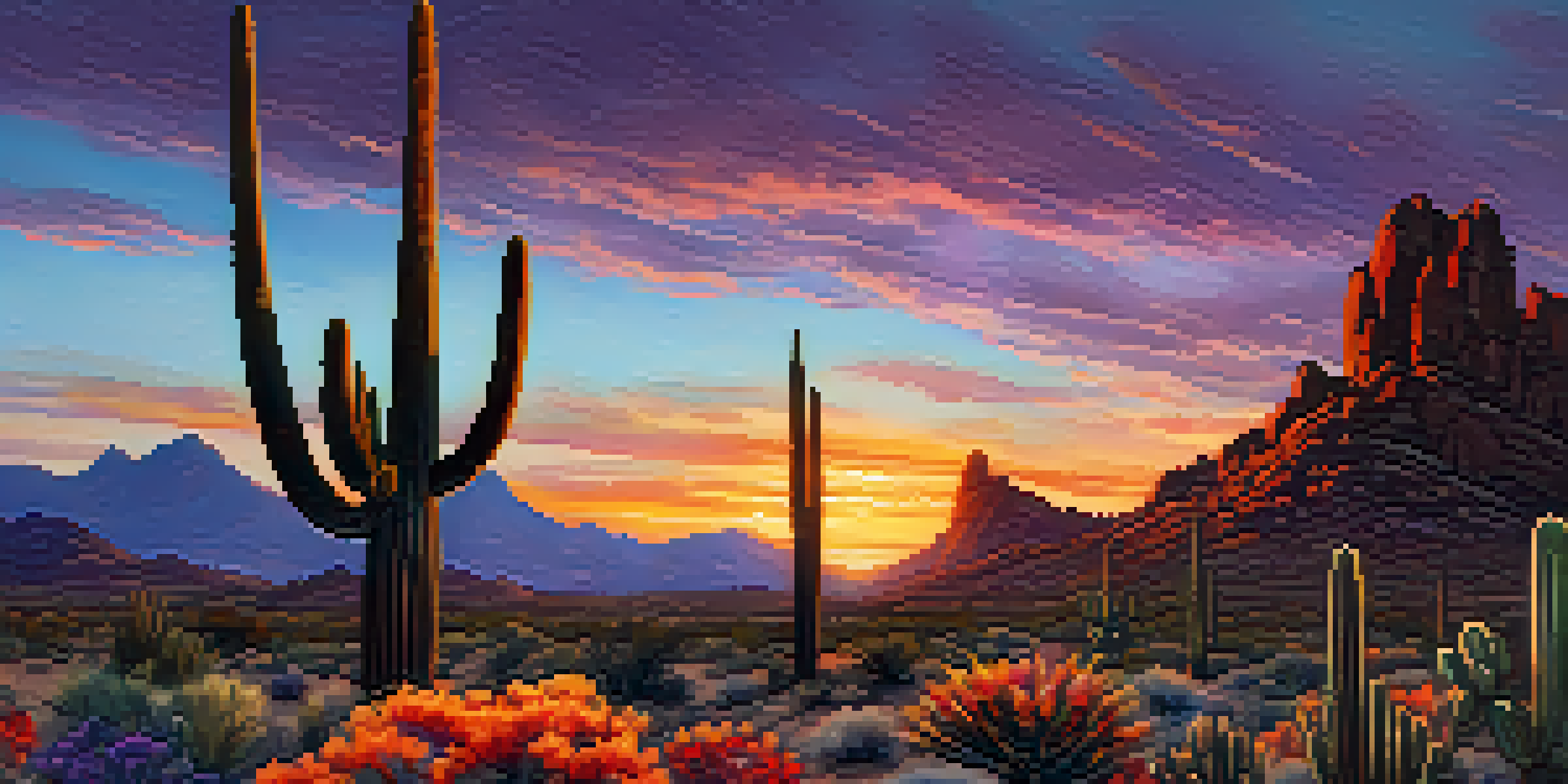 A scenic sunset view of Pinnacle Peak Park with colorful sky and desert flora.
