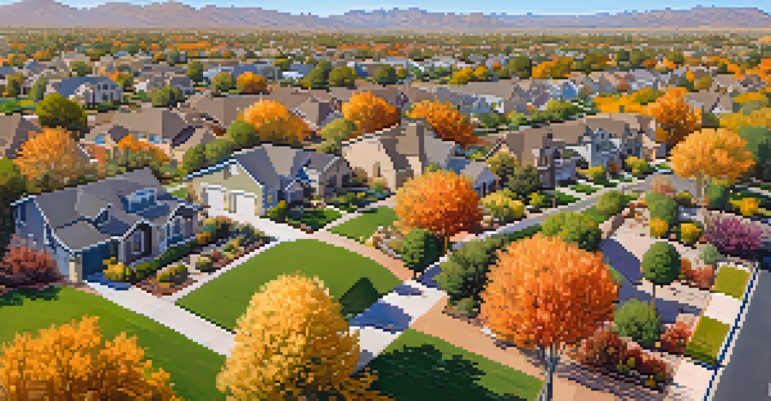 An aerial view of a suburban neighborhood in Scottsdale with autumn colors and families outside.