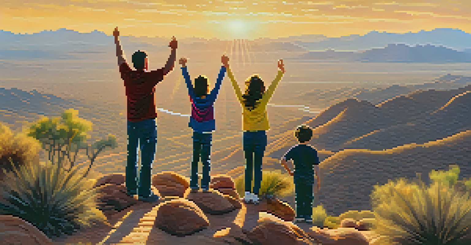 A family celebrating at a hiking summit, with a panoramic view of the desert and warm sunset lighting.