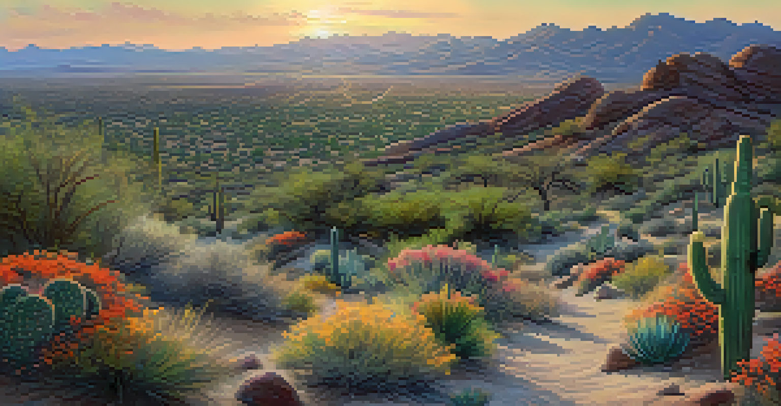 A panoramic view of the Scottsdale desert at dawn with rolling hills, cacti, and colorful wildflowers under a pastel sky.