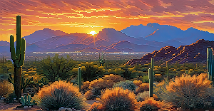 A sunset view over the McDowell Mountains with colorful skies and silhouettes of cacti.