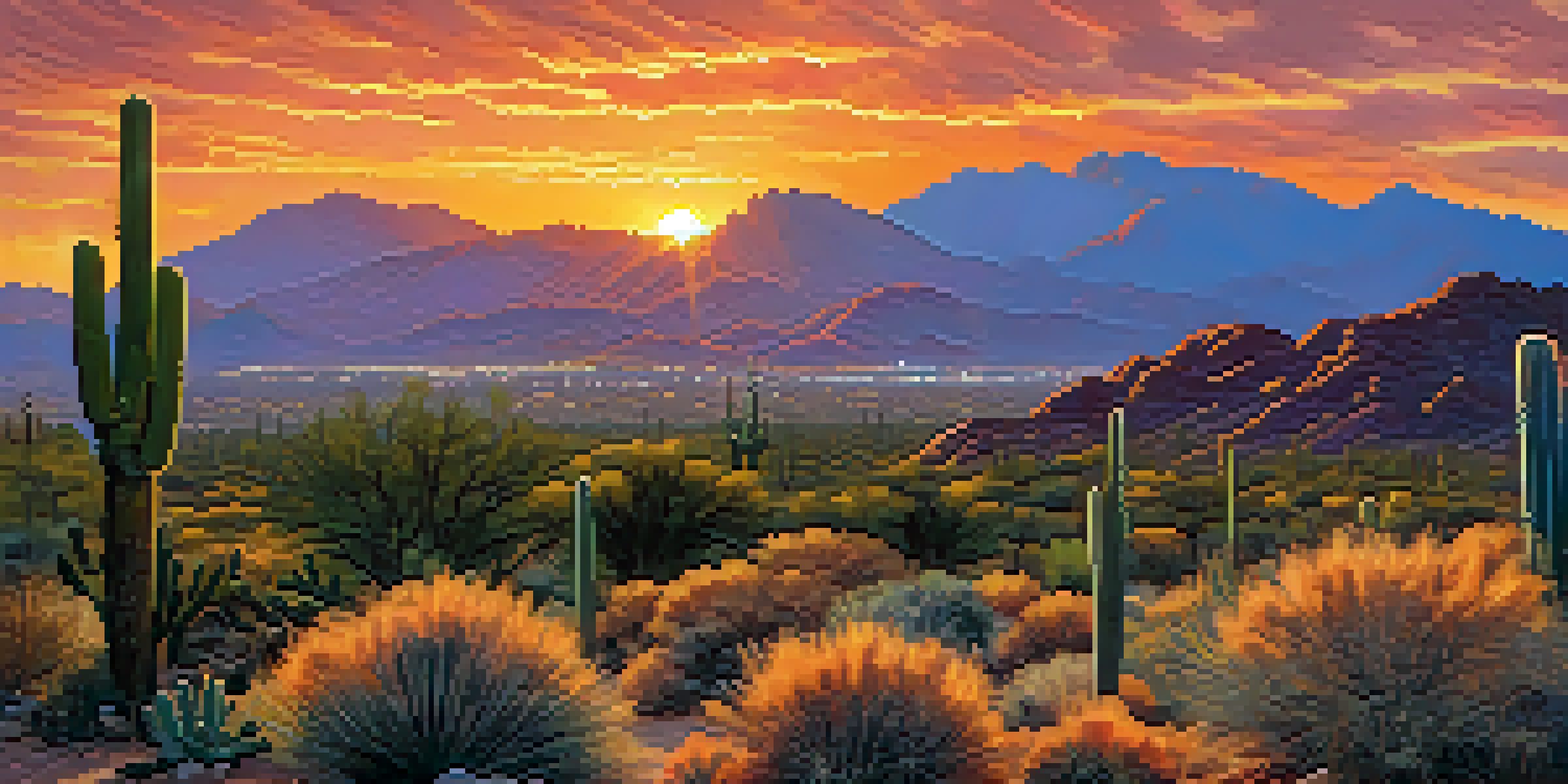 A sunset view over the McDowell Mountains with colorful skies and silhouettes of cacti.