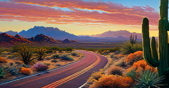 A scenic desert landscape at sunrise with mountains, cacti, and a winding road.