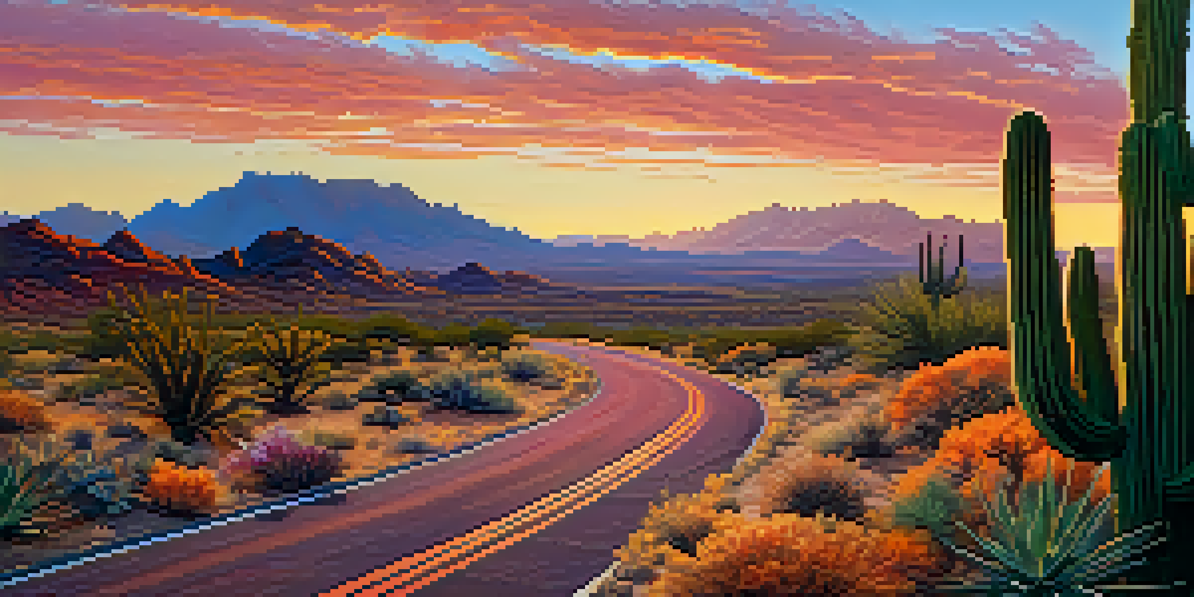 A scenic desert landscape at sunrise with mountains, cacti, and a winding road.