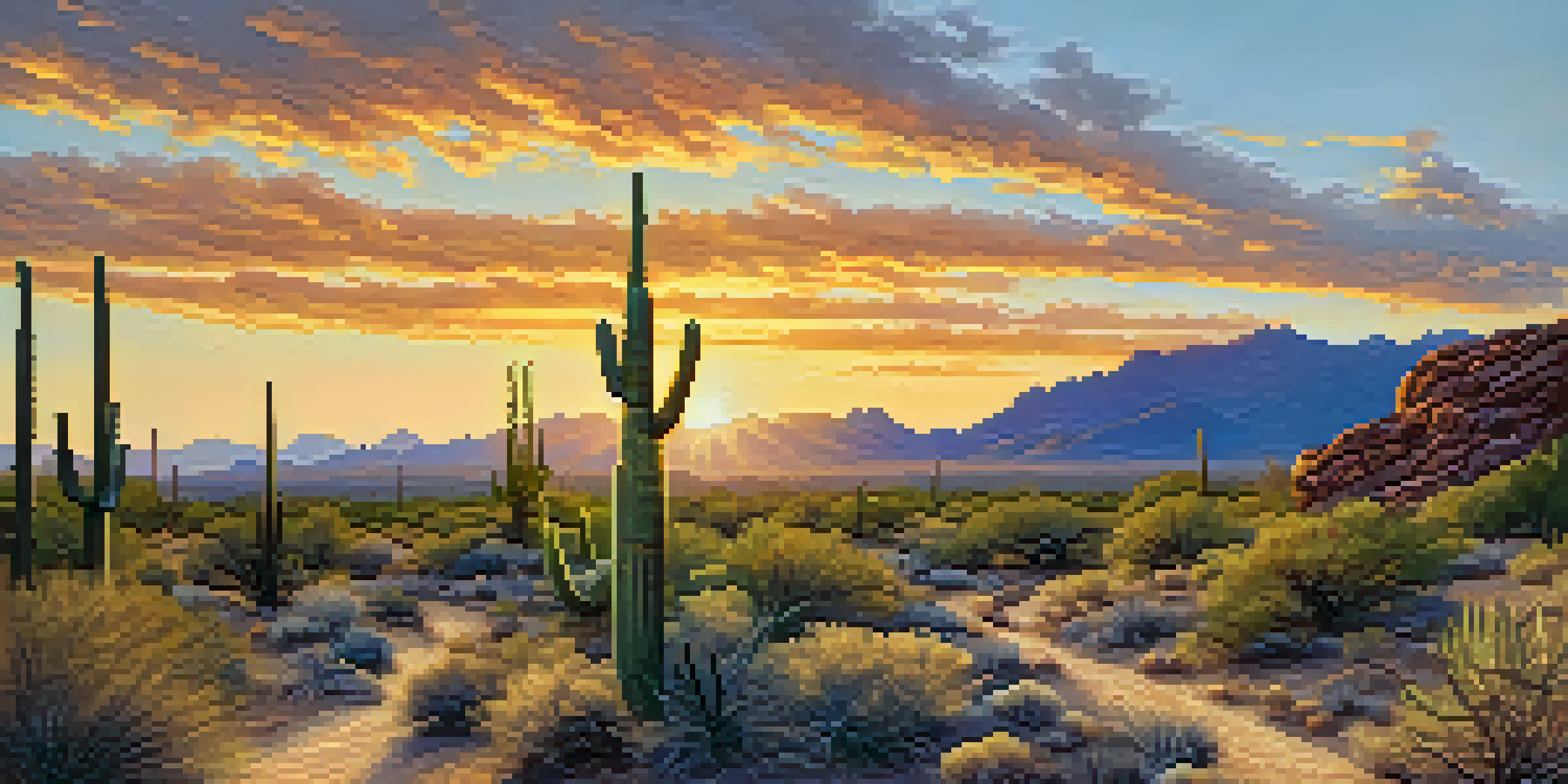A scenic hiking trail in the McDowell Sonoran Preserve with desert plants and a colorful sunset.