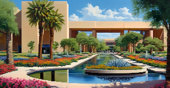 A scenic view of Scottsdale's Civic Center Mall with modern buildings, gardens, and people walking.