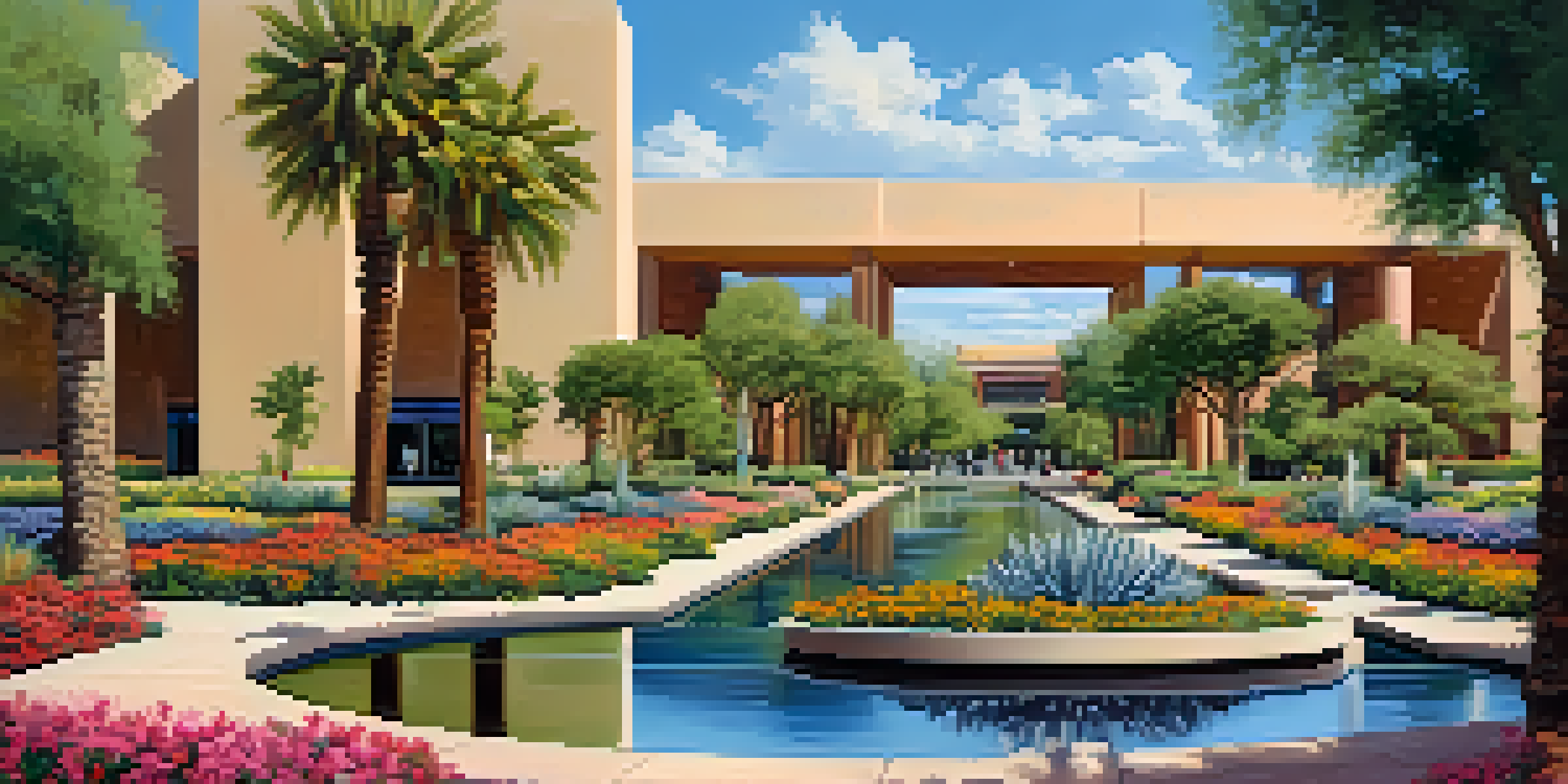 A scenic view of Scottsdale's Civic Center Mall with modern buildings, gardens, and people walking.