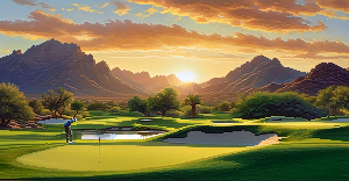 A beautiful golf course in Scottsdale at sunset with a golfer in proper attire ready to take a shot.