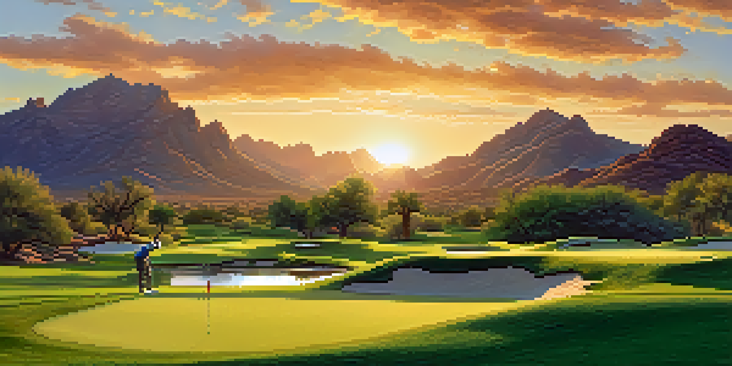 A beautiful golf course in Scottsdale at sunset with a golfer in proper attire ready to take a shot.