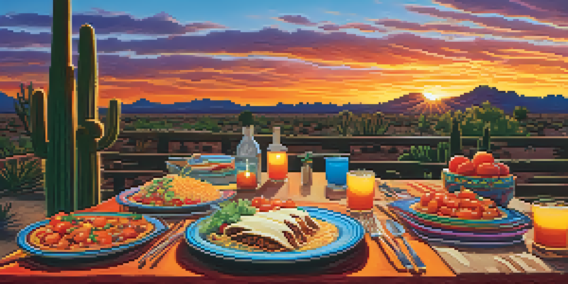 An outdoor dining table with Southwestern dishes set against a desert sunset in Scottsdale.