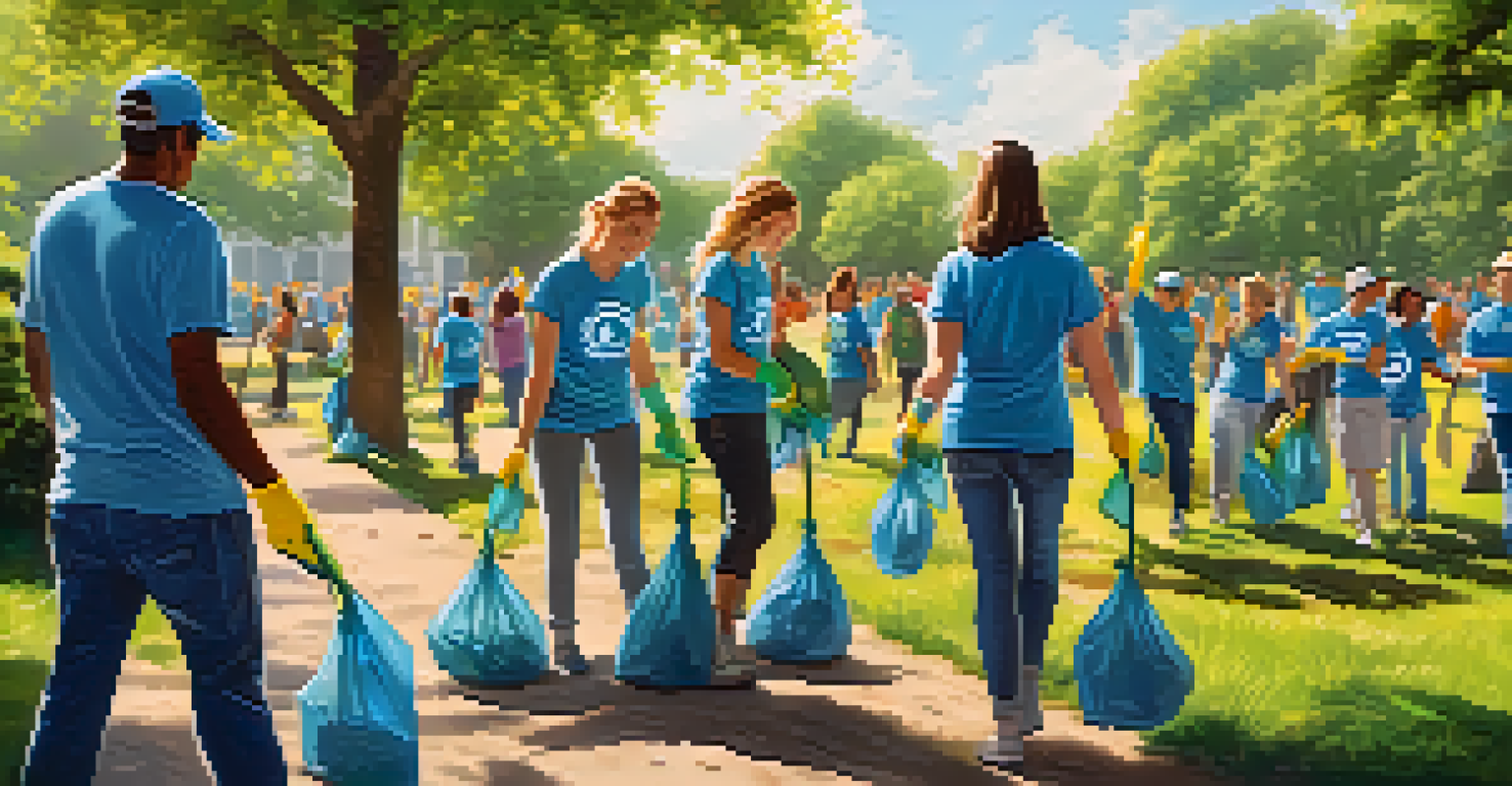 Volunteers in matching t-shirts cleaning up a park, wearing gloves and bags, with smiles on their faces, set against a sunny backdrop of greenery.