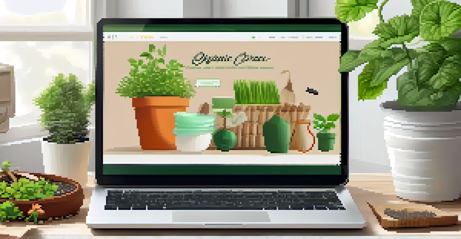 A cozy workspace with a laptop showcasing organic gardening supplies, surrounded by seeds and gardening tools.