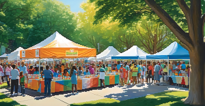 A lively community health fair in a park with diverse attendees engaging in health screenings and workshops under colorful tents.