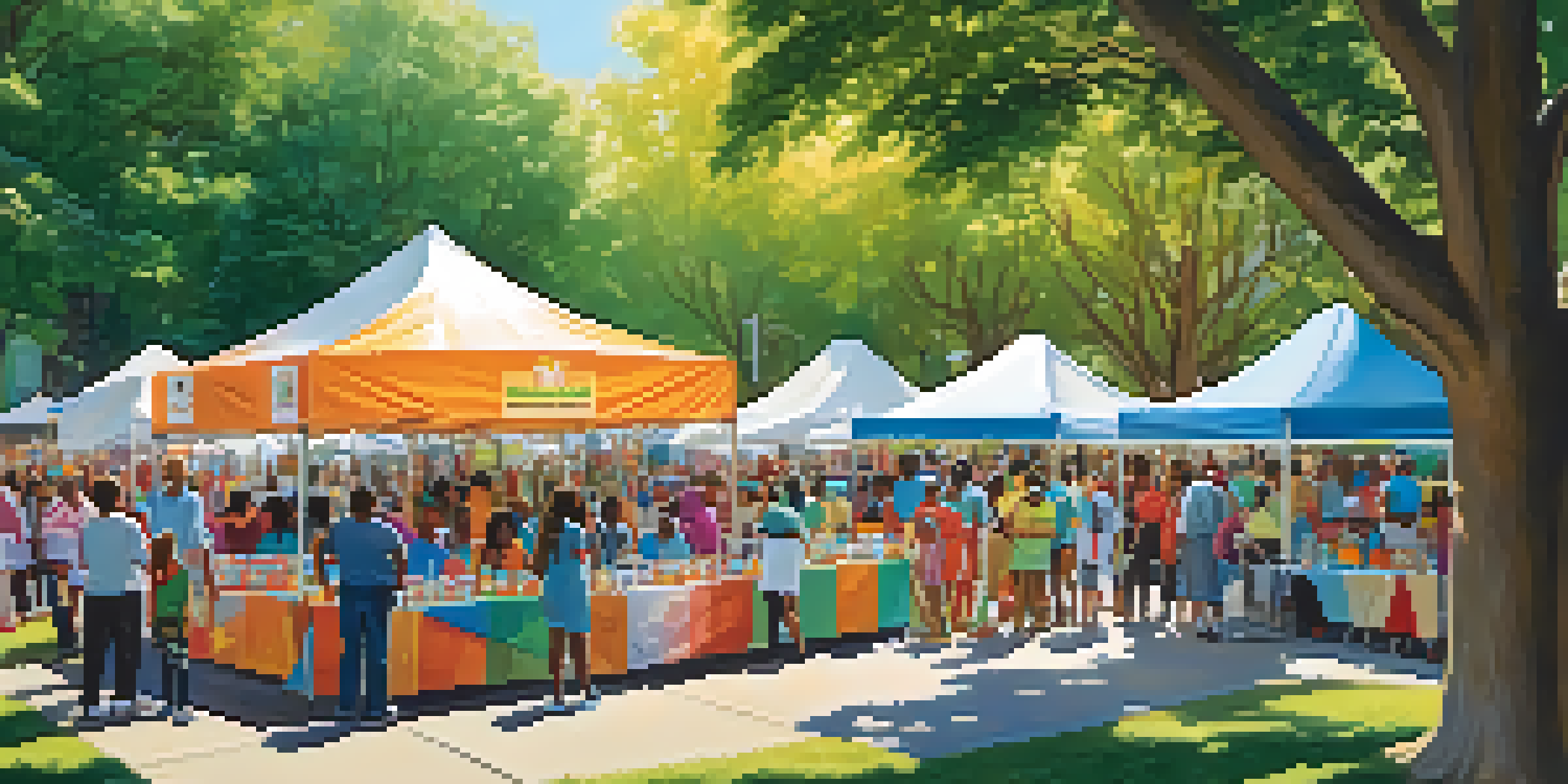 A lively community health fair in a park with diverse attendees engaging in health screenings and workshops under colorful tents.