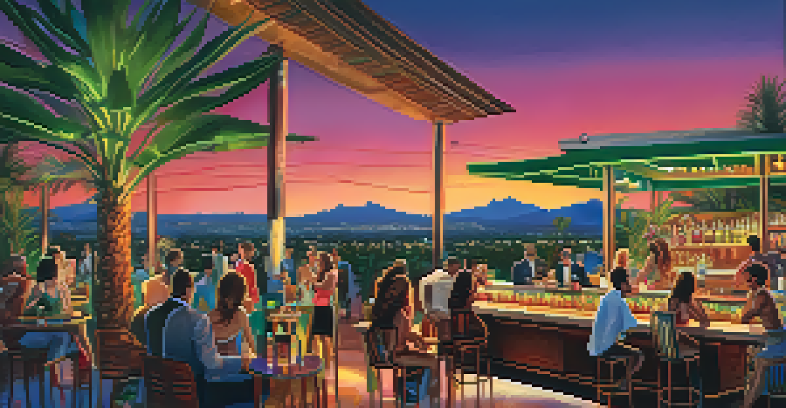 A tropical rooftop bar filled with greenery and colorful decor, where guests are enjoying rum cocktails and live music.