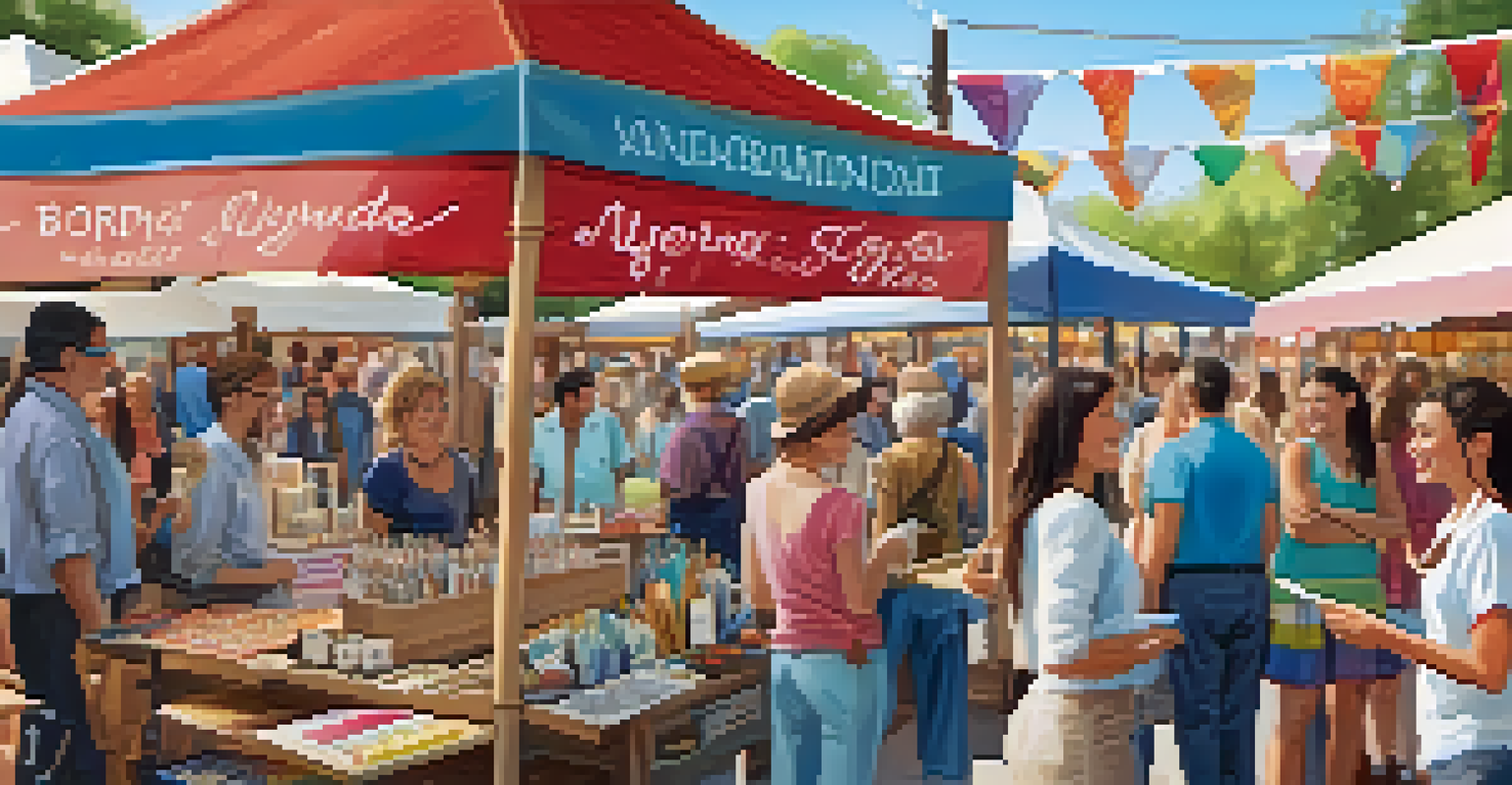 A friendly vendor at a craft fair interacting with customers, surrounded by a colorful booth and a lively crowd in the background.