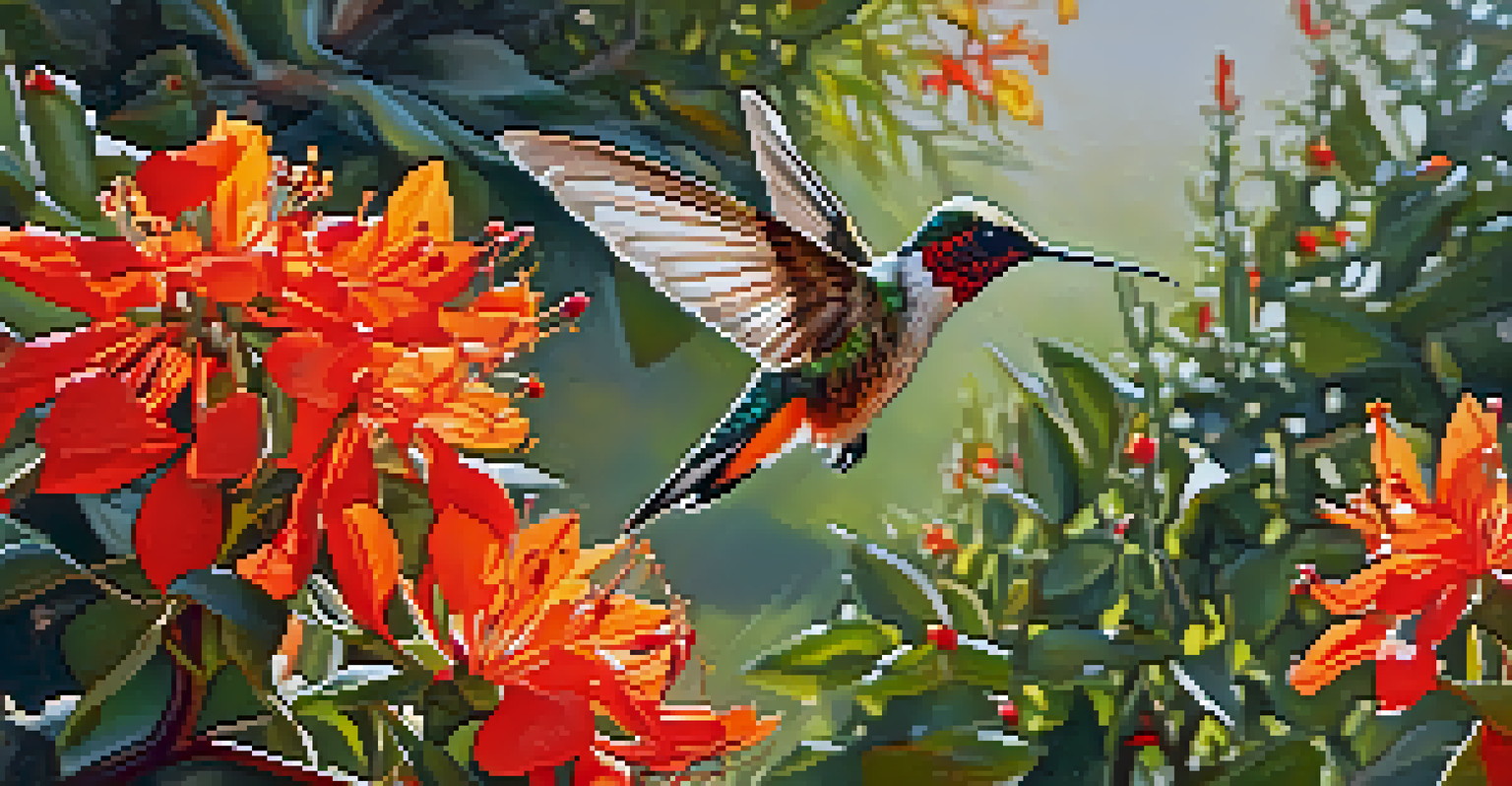 Close-up of a Chuparosa shrub with red and orange flowers and a hummingbird in the background.