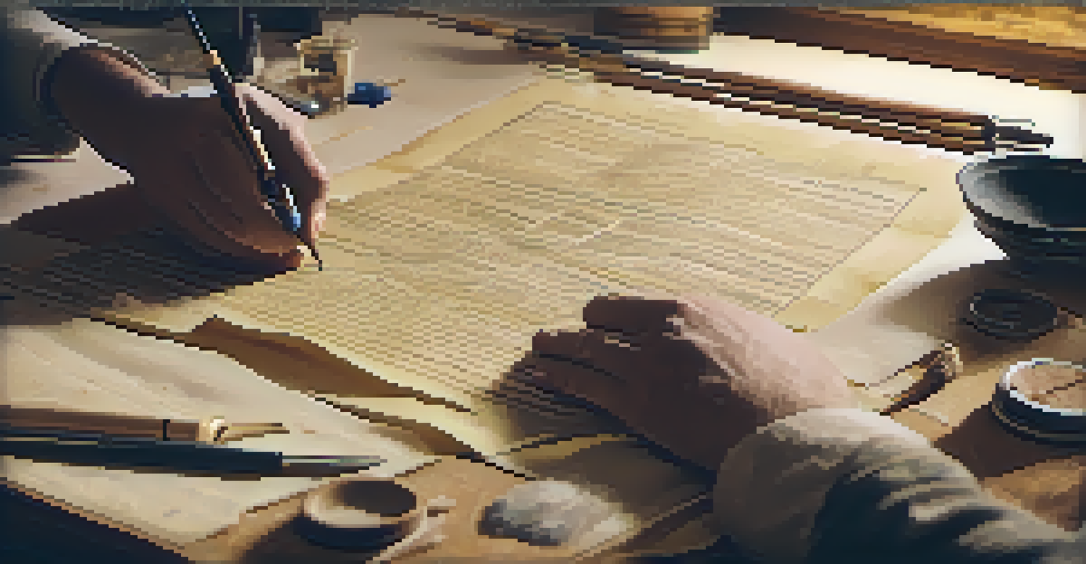 Close-up of hands restoring a historical document, with tools and materials on a wooden table.
