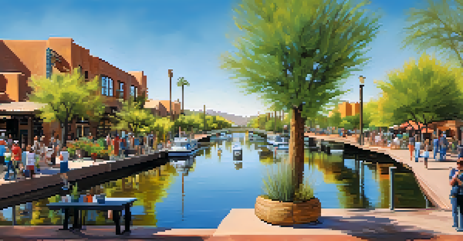 A sunny waterfront scene with colorful art installations and people enjoying the day by the Arizona Canal.