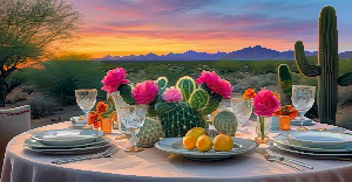 An outdoor dining table elegantly set with fine china and crystal glassware against a backdrop of a desert sunset.