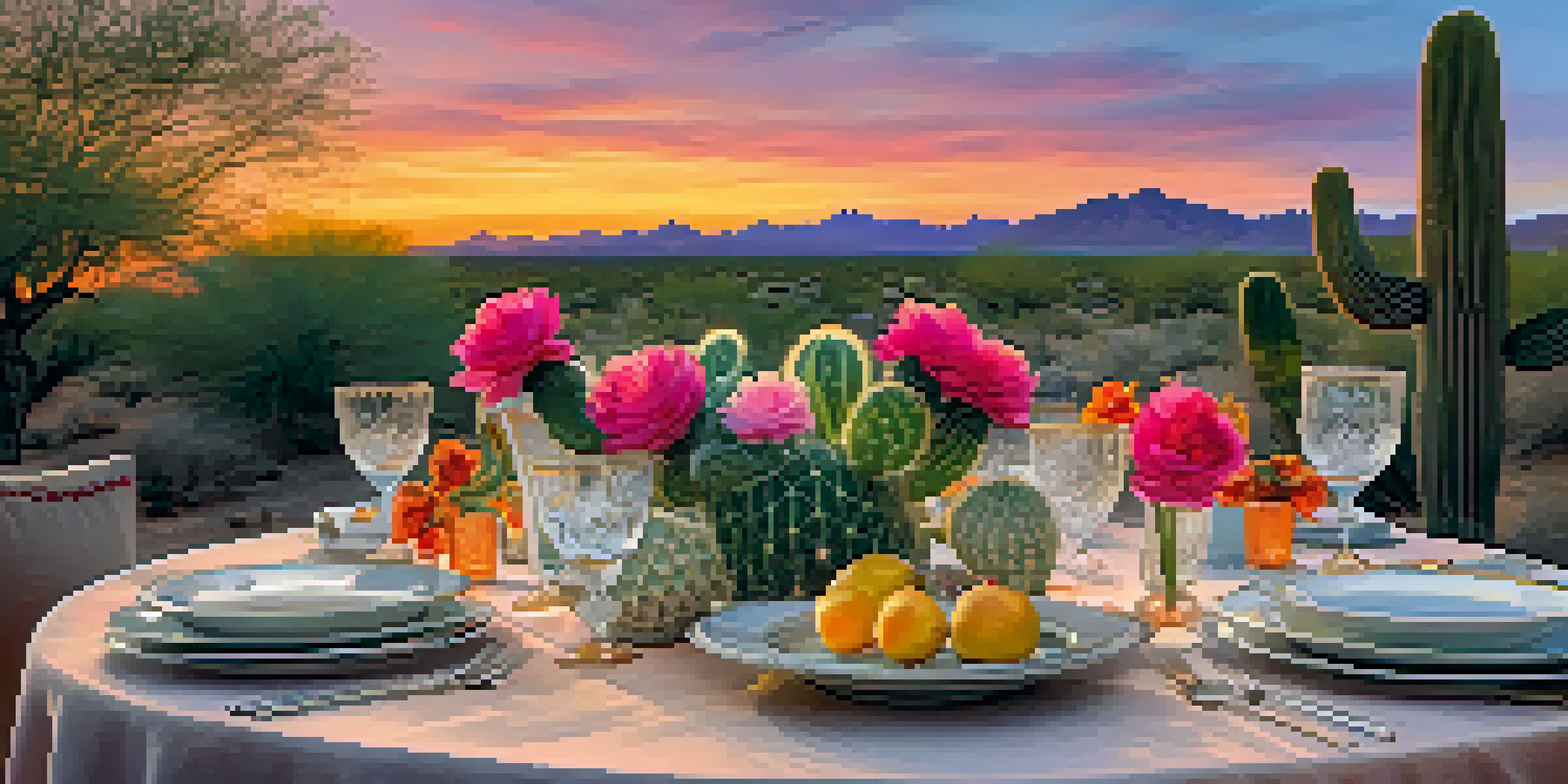 An outdoor dining table elegantly set with fine china and crystal glassware against a backdrop of a desert sunset.