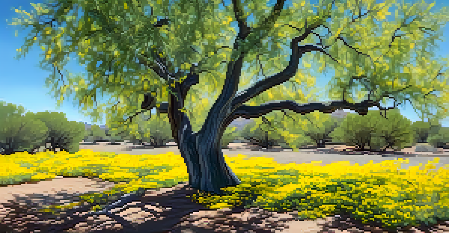 A close-up of a Palo Verde tree with green bark and yellow flowers, with bees around.