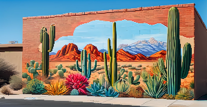 A colorful street mural showcasing a desert landscape with cacti and mountains in Scottsdale.